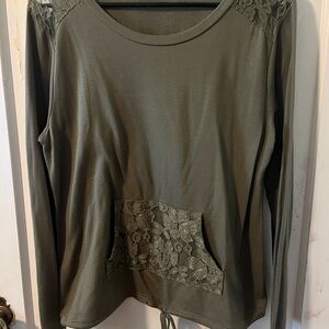 Olive Lace Accent Long Sleeve Top